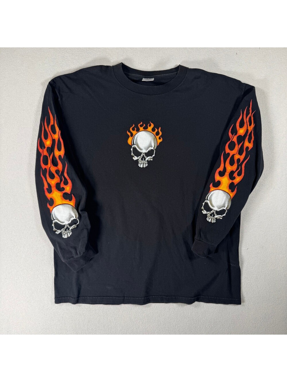 Vintage 90s Skull and Flame Long sleeve Biker Style Oversized Tee Sz XL